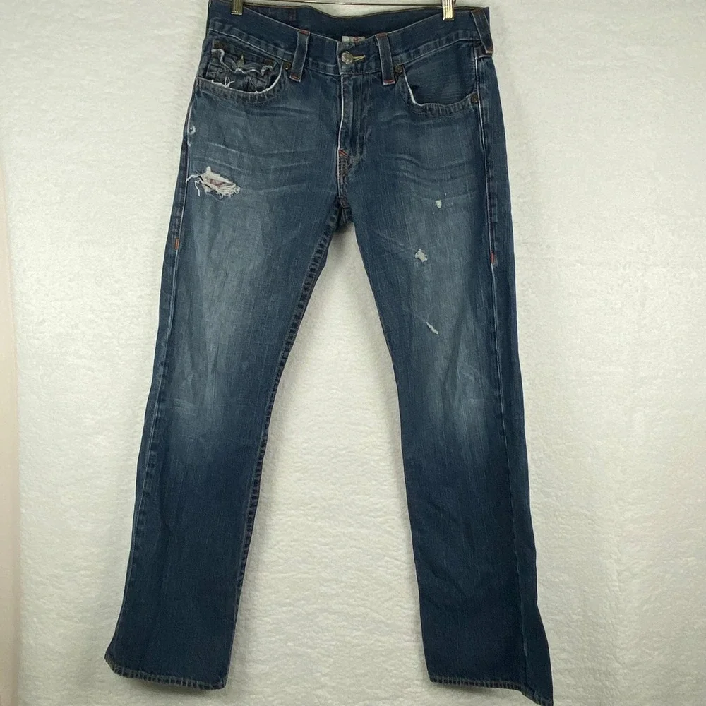 True Religion Ricky Mens 34 Straight Leg Distressed Blue Jeans Made in USA